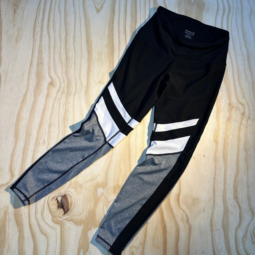 Reebok Women's Colorblock Athletic Workout Leggings Black Grey White Size XS